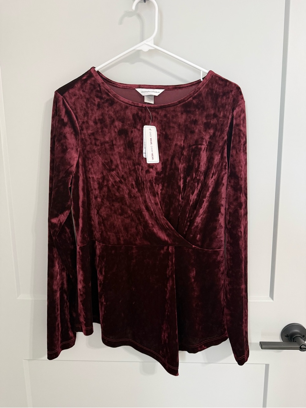 Christopher & Banks Burgundy Crushed Velvet Twist Front Top Size Small NWT